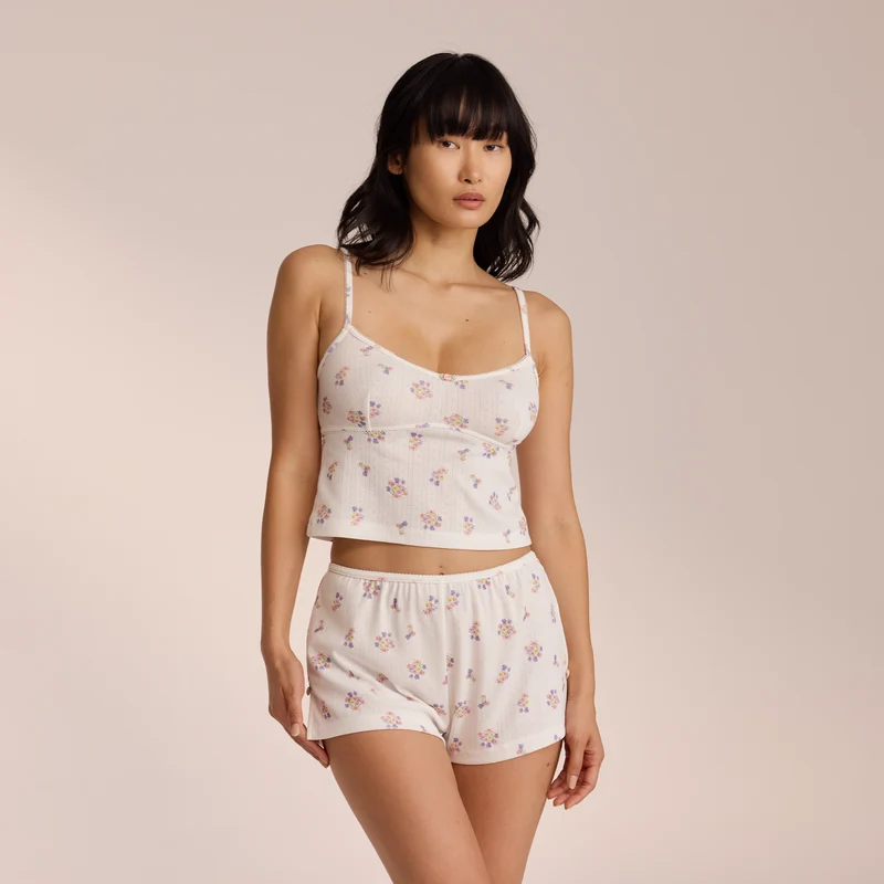Pointelle Cami Pyjamatopp - Blommig Vit