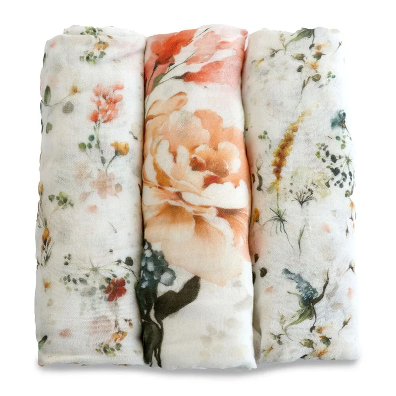 Bubba Blue Peonies Bamboo 3pk Muslin Wraps