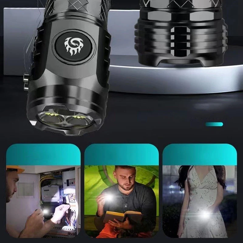 Mini lommelygte med 3 LED og 5 indstillinger | Hurtigopladning USB-C (18350 batteri) | Vand- og stødresistent | Sort/Sølv