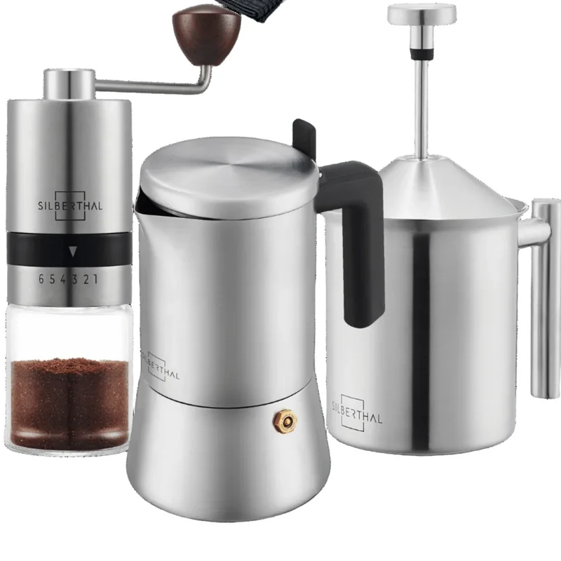 Espressokaffekoger sæt | 3 dele med manuel kaffekværn, mælkeskummer og tilbehør til op til 6 kopper