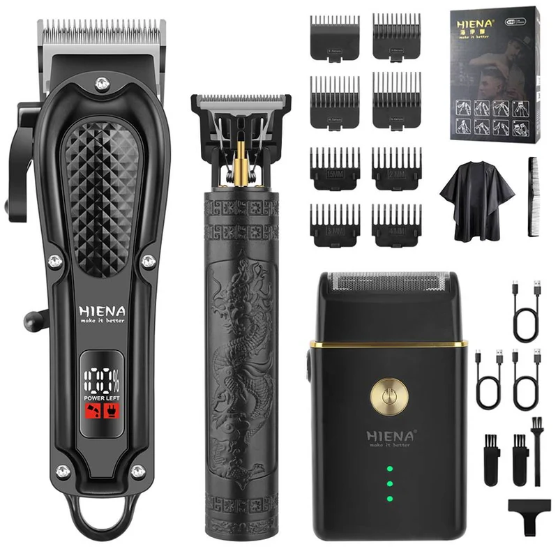 Professionelt Sæt til Hår- og Skægpleje til Mænd, 3 Dele, Trådløs Barbermaskine med LED Skærm, USB Opladelig