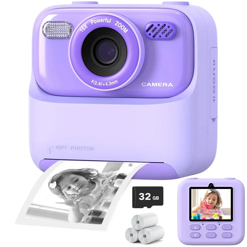Farverig Sofortkamera til Børn med HD Selfie og 32GB Hukommelse