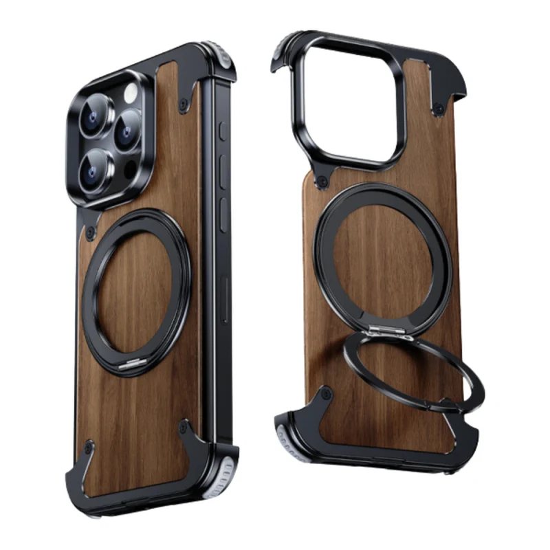 Elegant Træcover til Telefon med 360° Drejelig Stativ