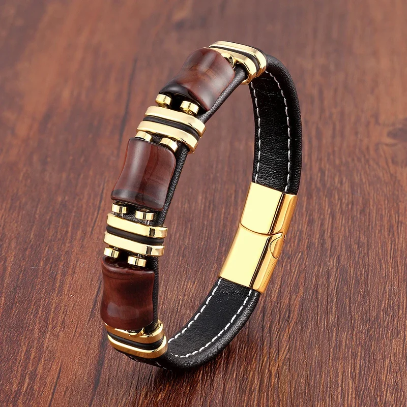 Elegant Tiger Eye Armbånd i Læder til Mænd - Justerbar Komfort
